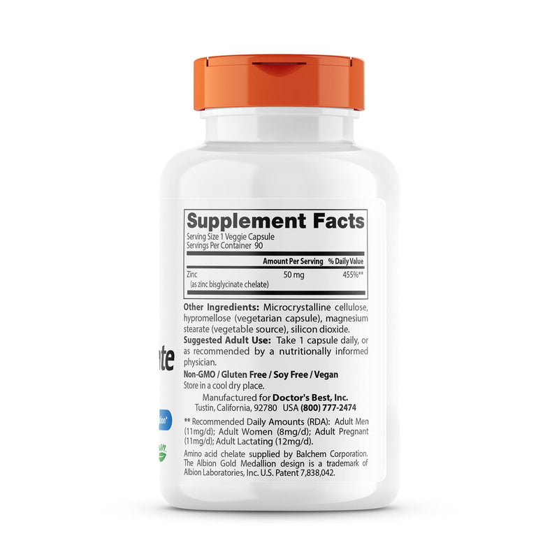 Doctor's Best High Absorption Zinc Bisglycinate 50mg High Potency Supporting Enhancing Immune System Antioxidant VC, 90 Count Unflavored 90 Count (Pack of 1) - BeesActive Australia