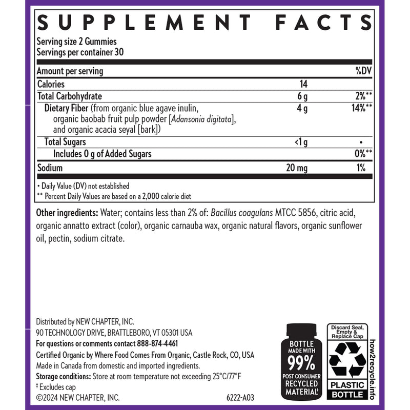 New Chapter Organic Fiber Gummies for Adults & Kids (Age 4+), Plant-Based Prebiotic Fiber for Digestive Health, Vegan, Non-GMO, USDA Organic, Gluten Free, Citrus-Berry Flavored, 60 ct - BeesActive Australia