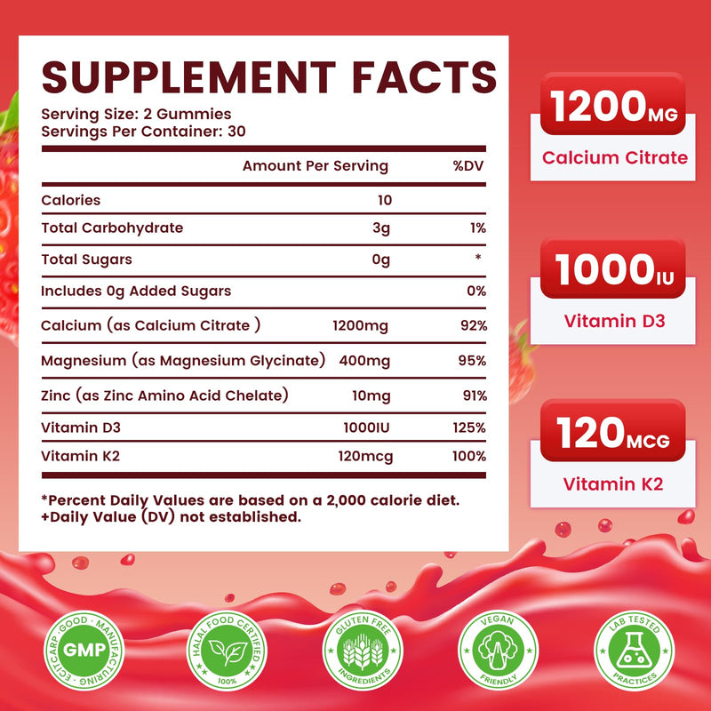Calcium Citrate Gummies 1200mg, High Absorption Calcium Supplements with Vitamin D3, K2, Magnesium, Zinc for Bone, Muscle & Immune Support, Calcium Gummies for Women & Men, Strawberry Flavor 120 Count 60 Count (Pack of 2)