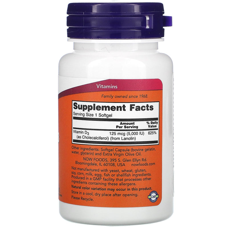 NOW Foods Now Supplements, Vitamin D-3 5,000 IU, High Potency, Structural Support*, 120 Softgels (3 Pack) 360 Count (Pack of 1)