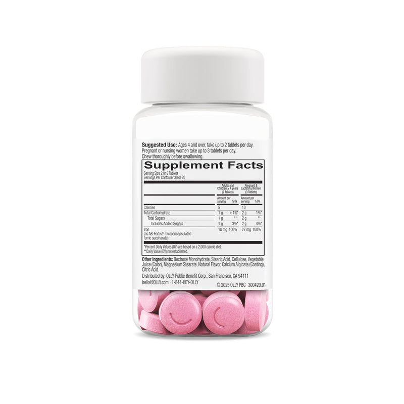 OLLY Delightful Iron Chewable Tablet, Iron Supplement from AB Fortis, Fruit Punch Flavor, 30 or 20 Day Supply - 60 Count (Pack of 2) 60 Count (Pack of 2)