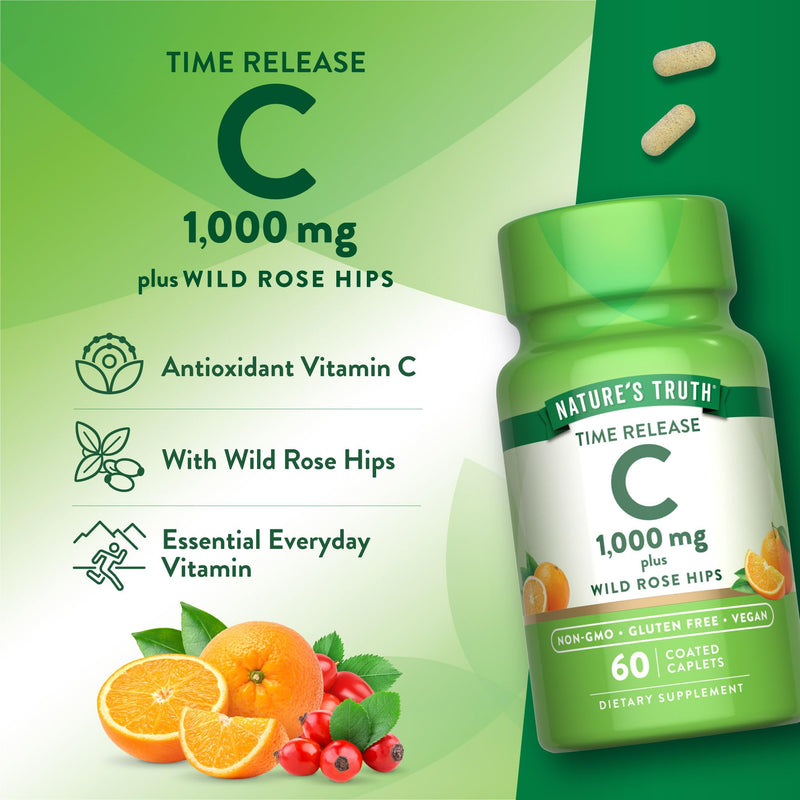 Nature's Truth Vitamin C with Rose Hips 1000mg | 60 Coated Caplets | Vegan, Non-GMO & Gluten Free Supplement Unflavored 60 Count (Pack of 1)