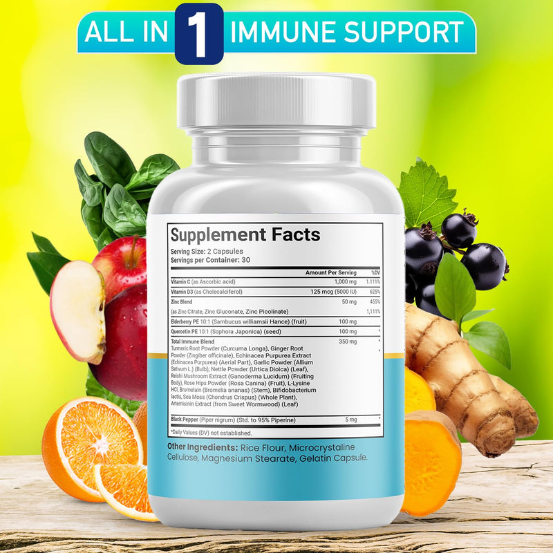 Quercetin Zinc Vitamin C Vitamin D Bromelain Elderberry - Nettle Supplement with Artemisinin, Sea Moss, Echinacea - 120 Count 60 Count (Pack of 2)