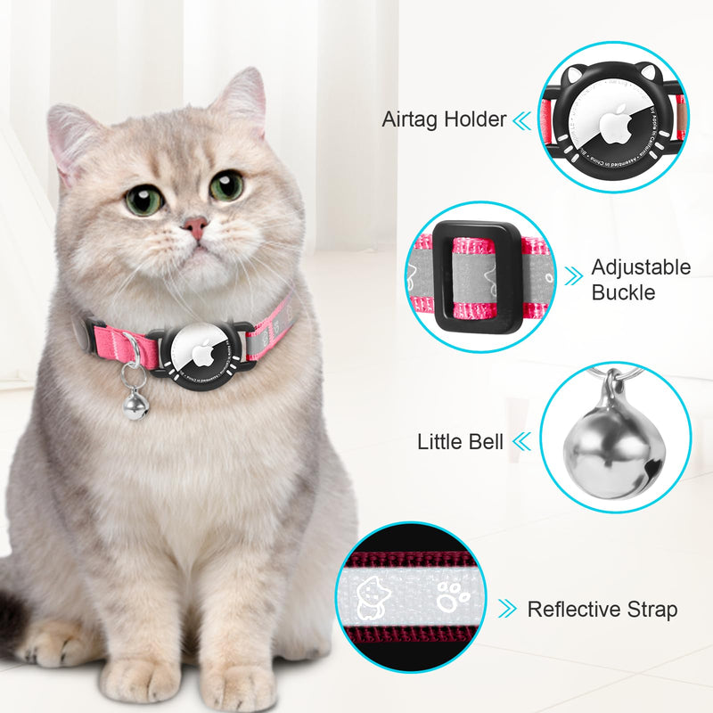 Airtag Cat Collar, Reflective Cat Collar with Apple Air Tag Holder, Breakaway GPS Tracker Pet Collar with Bell for Cat Kitten, Pink, S(9-11 Inch) S (9-13 Inch) - BeesActive Australia
