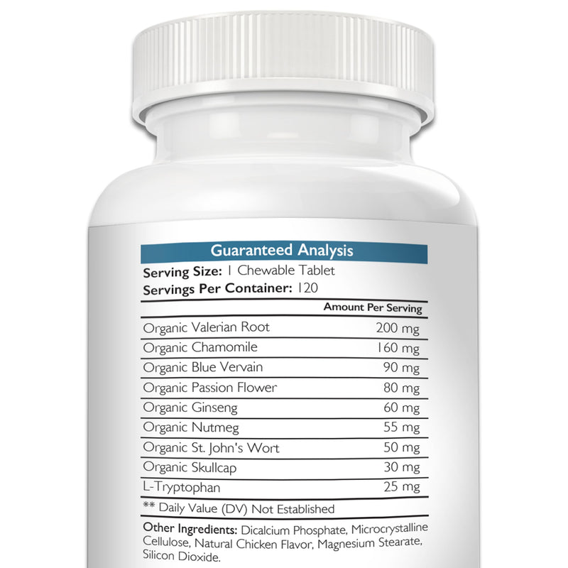 9-in-1 Valerian Root for Dogs 200mg, Chamomile 160mg, Blue Vervain, Passion Flower, Ginseng, Nutmeg, St John's Wort, L-Tryptophan for Dog Stress Relief & Calming, 120 Tablets