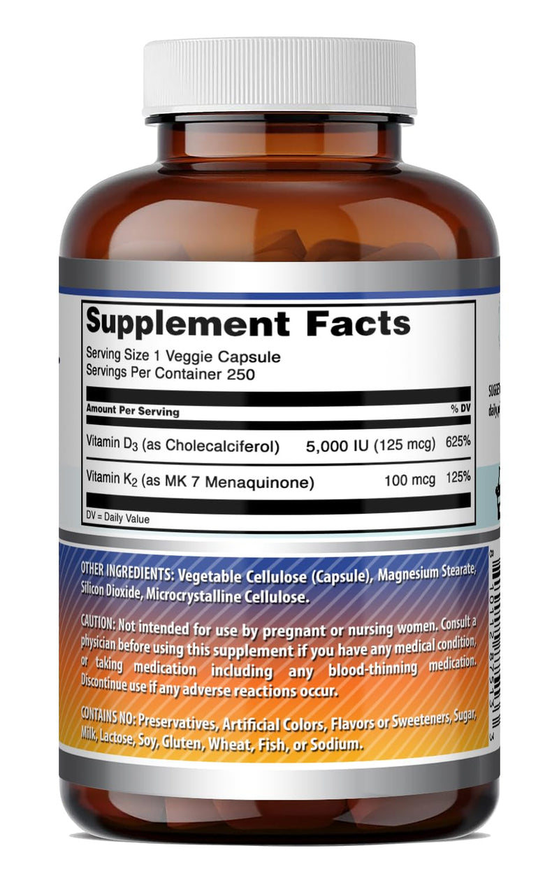 Amazing Formulas Vitamin D3 5000 IU with Vitamin K2 100 Mcg| 250 Veggie Capsules | D3 + K2 Complex | Non-GMO | Gluten Free | Made in USA 250 Count