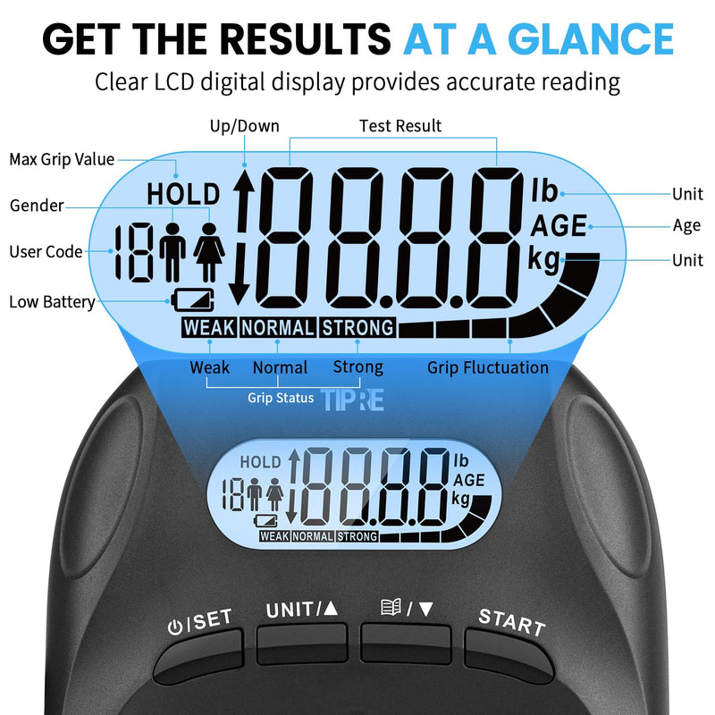 396lbs/180kg Grip Strength Tester, Hand Grip Dynamometer, Digital Grip Strength Tester with LCD Display, Adjustable Hand Grip Training Gauge, Hand Grip Testing for Sports Home School Use Black