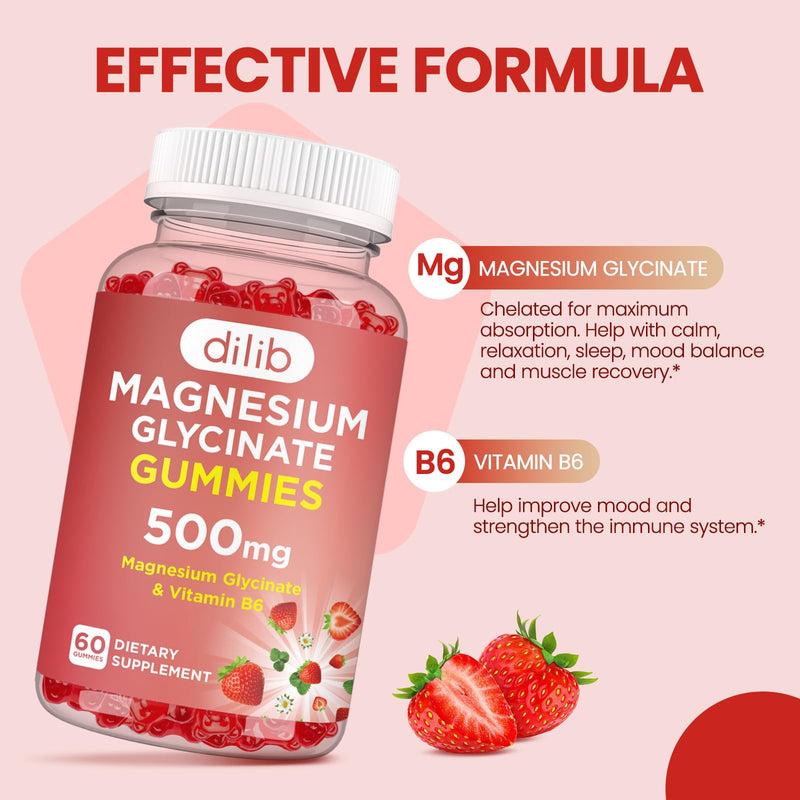 Magnesium Glycinate Gummies 500mg for Adults & Kids Magnesium Supplement with Vitamin B6-Natural Calm Gummies-Calm Mood, Muscle & Sleep Support-Strawberry Flavor, 120 Gummies Strawberry 60 Count (Pack of 2)
