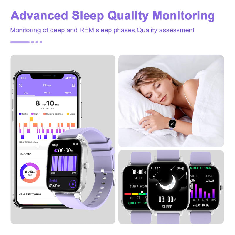 Smart Watch for Men Women Compatible with iPhone Samsung Android Phone 1.69 inch Full Touch Screen IP68 Waterproof Bluetooh Fitness Tracker Heart Rate/Sleep Monitor (Purple) purple