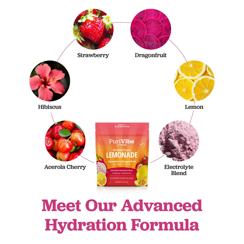 PuriVibe Hydration Lemonade Electrolyte Powder, Strawberry Dragonfruit | Juice Bar-Inspired Hydration Lemonade with Gentle Electrolytes, Real Fruit Powders, Hibiscus, Acerola, and Vitamin C