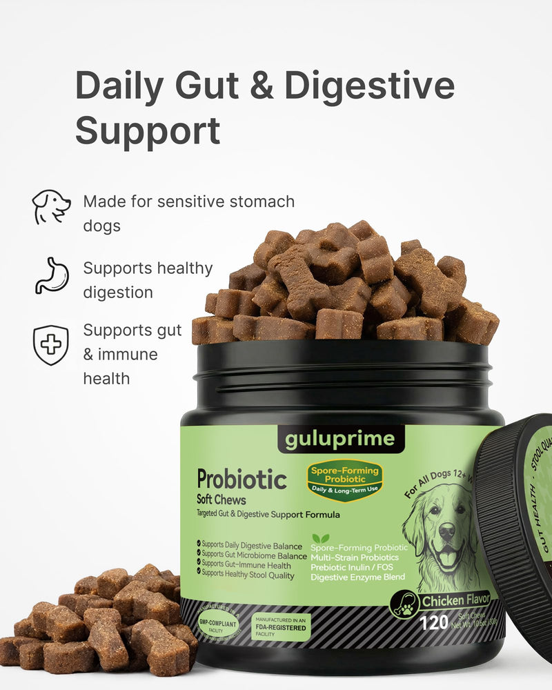 Probiotics for Dogs - Dog Probiotics Digestive Health Support, Dog Probiotic Chews with Spore-Forming Bacillus Coagulans, Prebiotic Inulin & Digestive Enzymes, Chicken Flavor, 120 Soft Chews