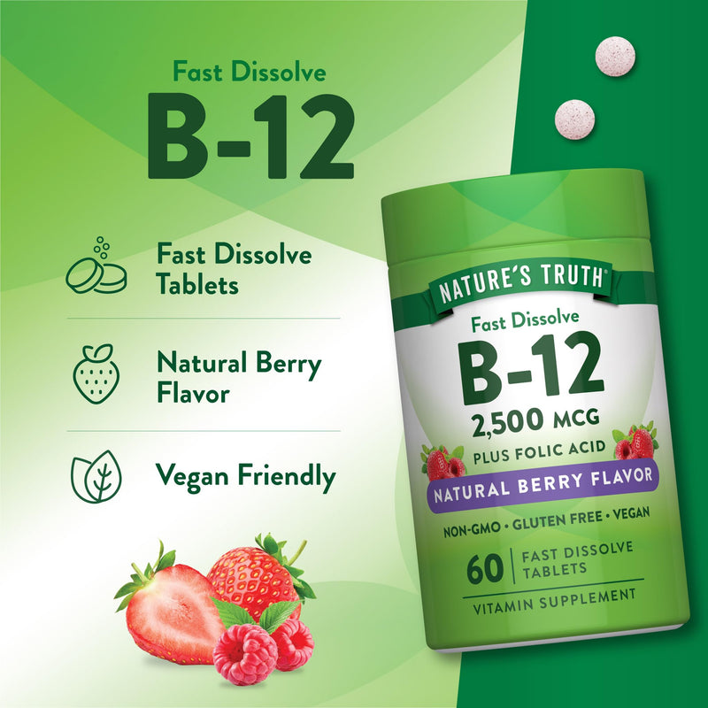 Nature's Truth B12 Vitamin | 2500 mcg | 60 Fast Dissolve Tablets | with Folic Acid | Vegan, Non-GMO & Gluten Free