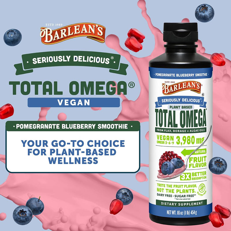 Barlean's Pomegranate Borage & Algae Oil, Omega 3-6-9 Flaxseed, Vegan, 16oz | Plant-based flax, borage & algae, EPA DHA omega 3-6-9, Non-GMO, Gluten-free, Vegan, For kids & adults, Heart & brain Pomegranate Blueberry Smoothie 1 Pound (Pack of 1)