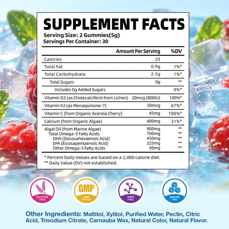 2 Pack Omega 3 Gummies for Kids, Sugar Free Children's Omega 3 Supplement with Calcium + Vitamin D3 K2 + C, Omega-3 DHA & EPA for Brain & Immune Support, Vegan Fish Oil Alternative, 120 Count 120 Count (Pack of 1)