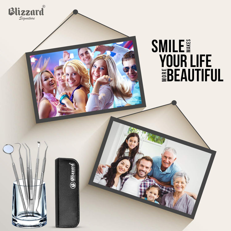 Dental Tools by Blizzard - Plaque Remover for Teeth - Professional Dental Hygiene Cleaning Kit 5-Pcs, German Stainless Steel Oral Care Set with Tweezer, Tartar Scalar, Mouth Mirror, Travel Case 5 Piece Kit