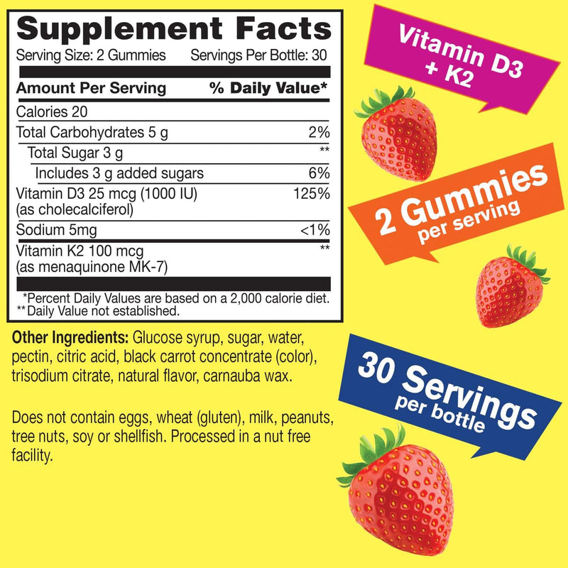 WellYeah Vitamin D3 + K2 Gummies - Vitamin D3 1000 IU, K2 100 MCG - Bone and Muscle Health Support, Natural Flavors, GMO Free, Gluten Free, Vegan - K2 D3 Vitamin Supplement- 60 Gummies 60 Count (Pack of 1)