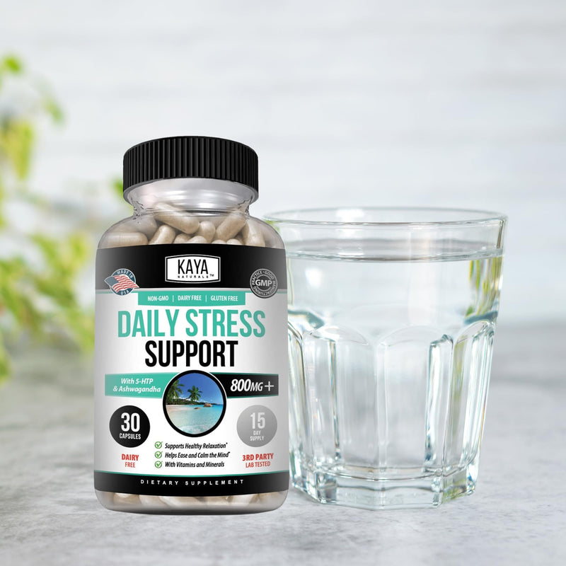 Kaya Naturals - Natural Herbal Stress Relief Support Vitamin Supplement to Relax and Calm The Mind - Boost Mood - Happy Pills - Anxiousness Support - 30 Capsules (Pack of 2) 30 Count (Pack of 2)