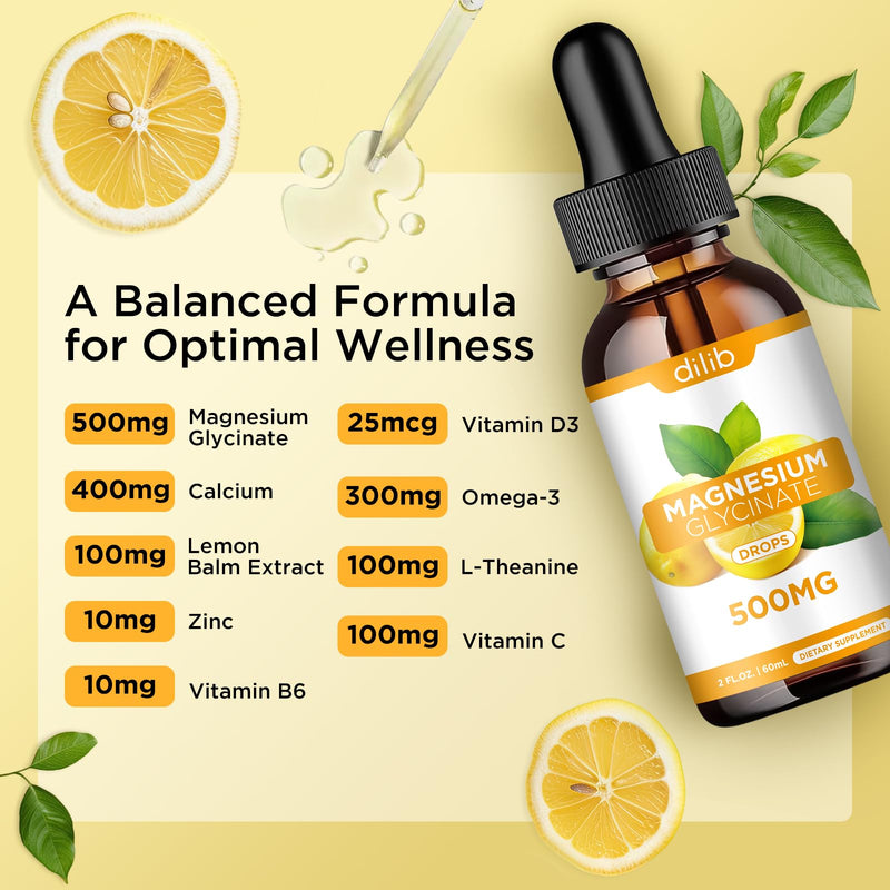 Magnesium Glycinate Supplement, Magnesium Glycinate Liquid Drops 500mg with Calcium, Zinc, Vitamin B6, D3, L-Theanine, Omega 3 for Sleep, Mood, Stress Relief, Bone, Muscle, Lemon Flavor 2 Fl Oz (Pack of 1)