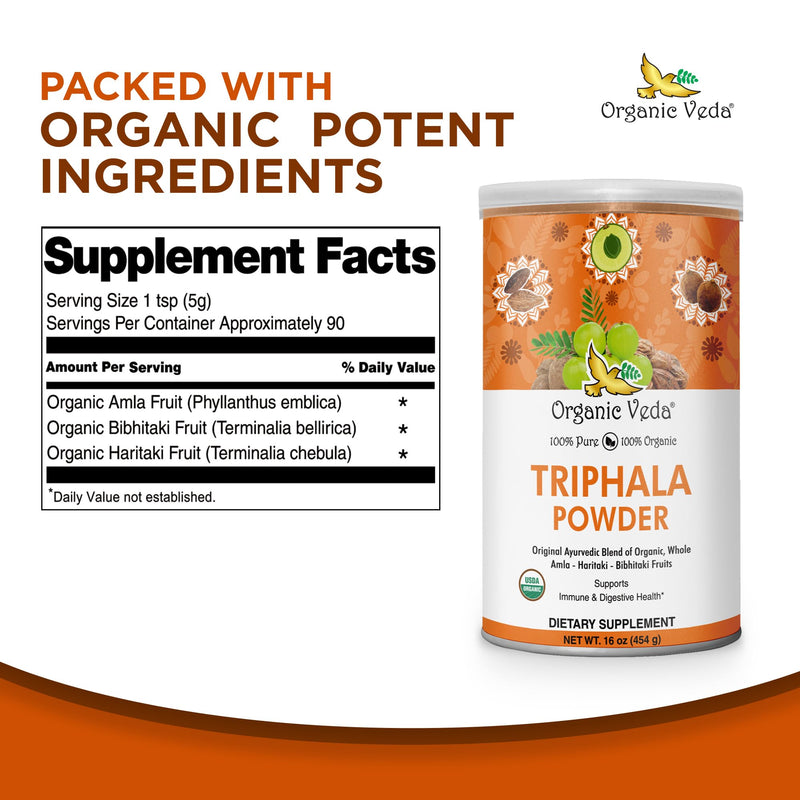 Organic Veda Triphala Powder with Amla, Haritaki, Bibhitaki Fruits - 100% Natural Ayurvedic Triphala Powder - Improves Immune Support, Digestion, Colon Cleanse, Skin Health - Vegan, Non-GMO - 16oz - BeesActive Australia