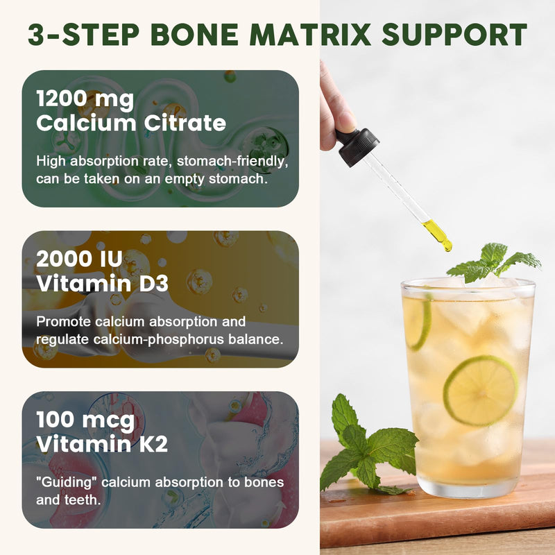 Calcium Citrate 1200 mg with Vitamin D3 Liquid Drops for Women & Men, Calcium Citrate with Vitamin D3 & K2 for Bone Muscle & Teeth- 2 Fl oz- 30 Day Vegan Supply 1 Fl Oz (Pack of 2)