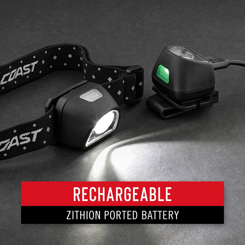 Coast FL1R 435 Lumen Dual Color (White/Red) Rechargeable LED Headlamp, Recharging Accessories Included