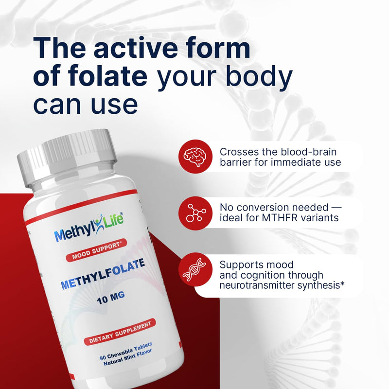 Methyl-Life® L-Methylfolate 10 mg - Chewable Active Folate Tablets with ultrapure Form of Cerebrofolate® (L-5-MTHF, Calcium) | Vegan, Non-GMO, Gluten-Free | 90 Chewable Tablet 90 Count (Pack of 1)