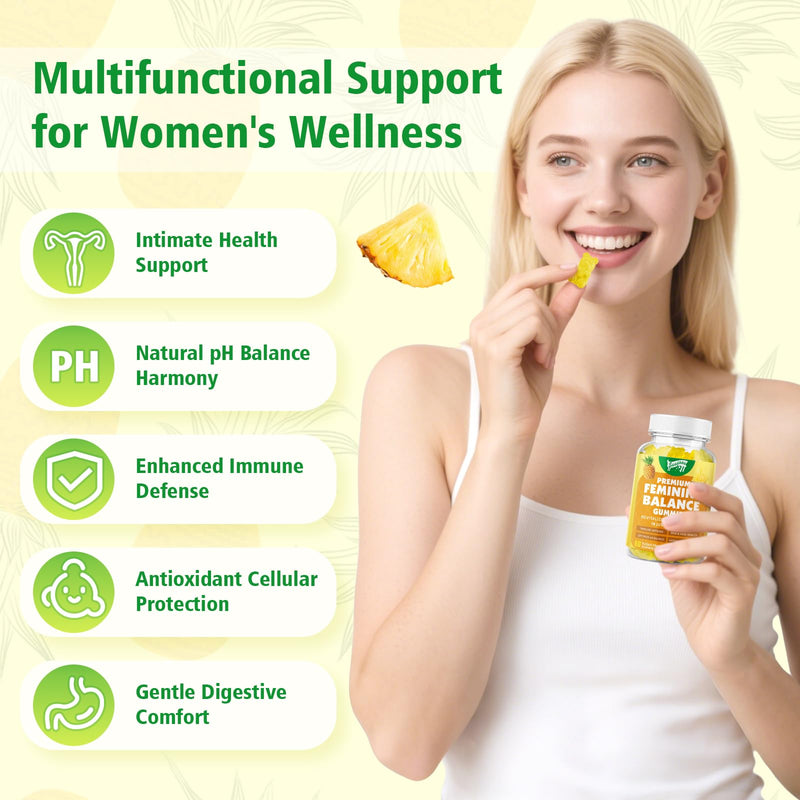 Premium Feminine Balance Gummies for Women's Immune Health, Hawaiian Pineapple Gummies Support pH Balance & Immune Support, Vegan, Gluten-Free, 60 Gummies ﻿ 1pack