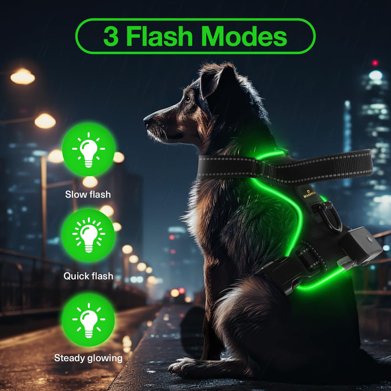 Dog Harness Luminous Rechargeable, LED Dog Harness Adjustable Reflective with Handle, Soft Padded Illuminated Chest Harness for Small, Medium Large Dogs Luminous Harness (Green L) L【Neck circumference 45-62CM Chest circumference 72-90CM】 Black-green - BeesActive Australia
