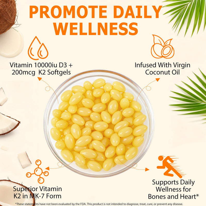 Vitamin D3 K2, D3 K2 Vitamin 10000 iu Supplement with Coconut Oil Softgels, 2 in 1 Formula 200 mcg (MK-7) Complex Softgels Supports Immune, Easy to Swallow & Non-GMO