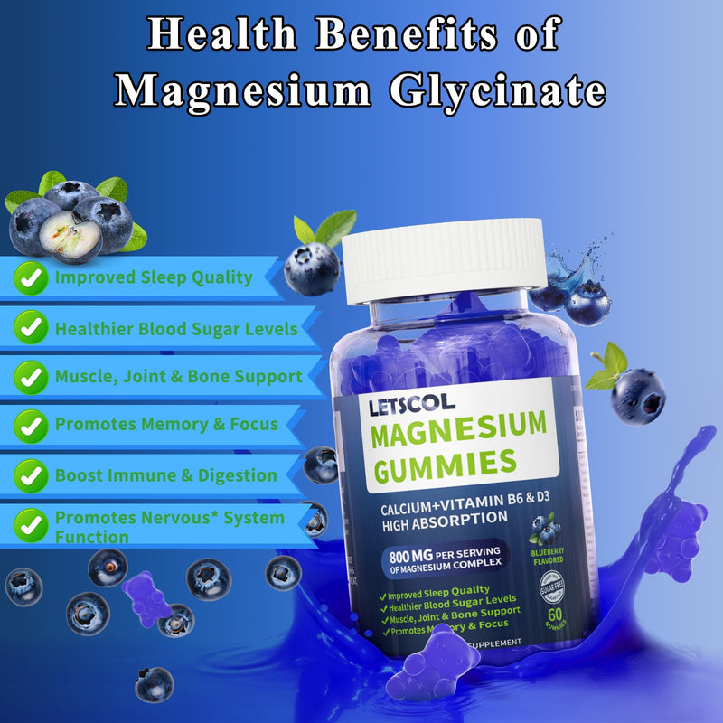 Magnesium Glycinate Gummies, Sugar Free Magnesium Supplement with Magnesium Malate, Calcium, Vitamin D3, B6, CoQ10 for Calm Support & Sleep for Adults Kids Blueberry 60 Count (Pack of 1)