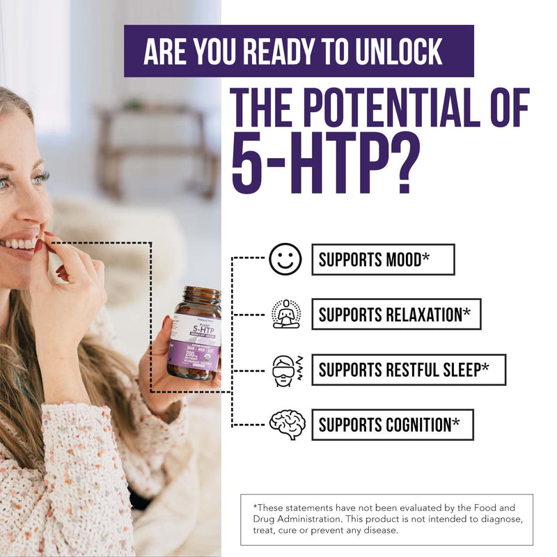 Organic 5-HTP - 200 mg | 99% 5HTP Concentration, Plus Cofactor Vitamin B6 & Lion’s Mane | Water Extracted from Organic Griffonia Seeds | Supports Mood, Cognition & Sleep (60 Capsules | 30 Servings) 60 Count (Pack of 1)