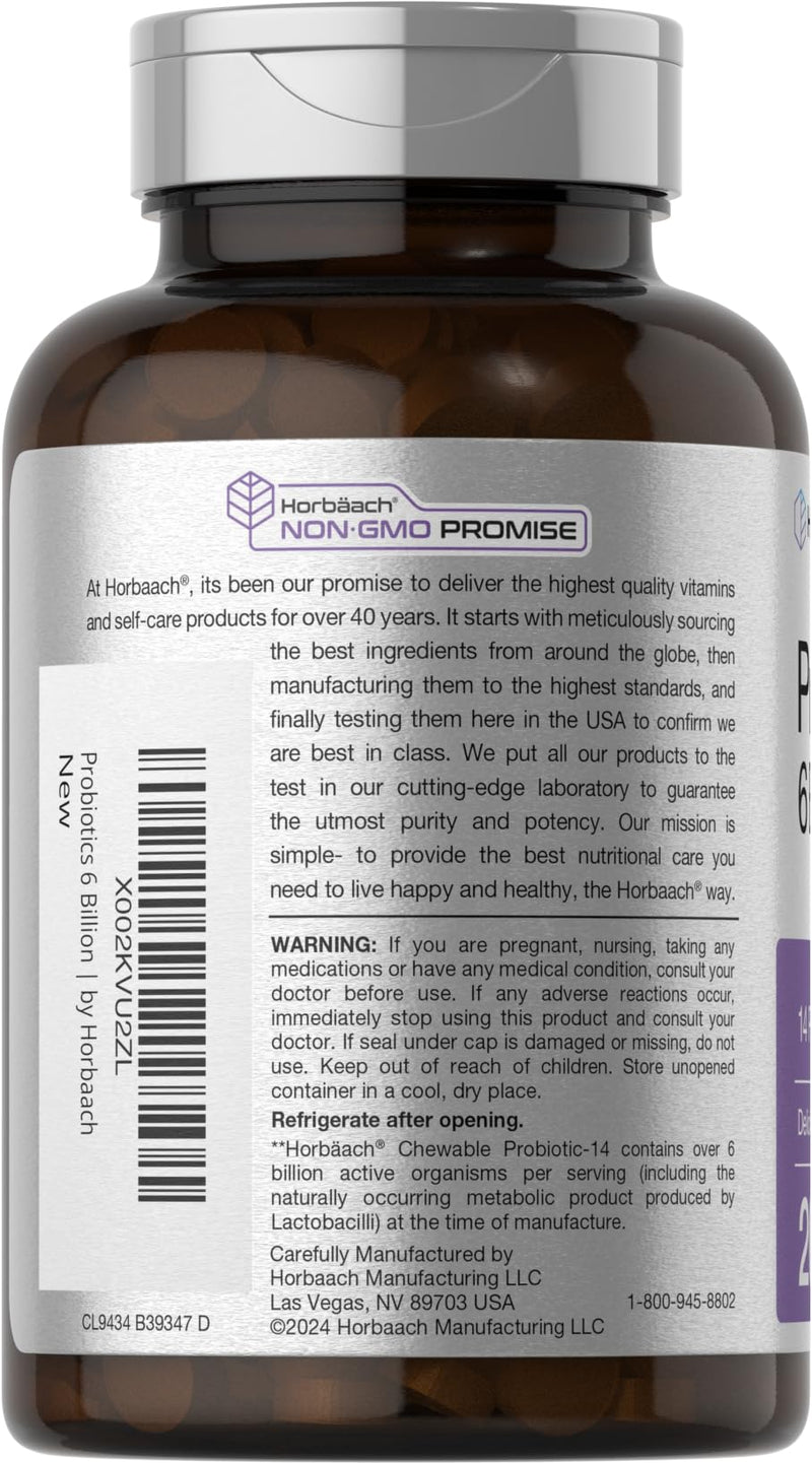 Horbäach Probiotics 6 Billion CFUs | 200 Chewable Tablets | Berry Flavor | 14 Probiotic Strains | Vegetarian, Non-GMO & Gluten Free Supplement for Men & Women