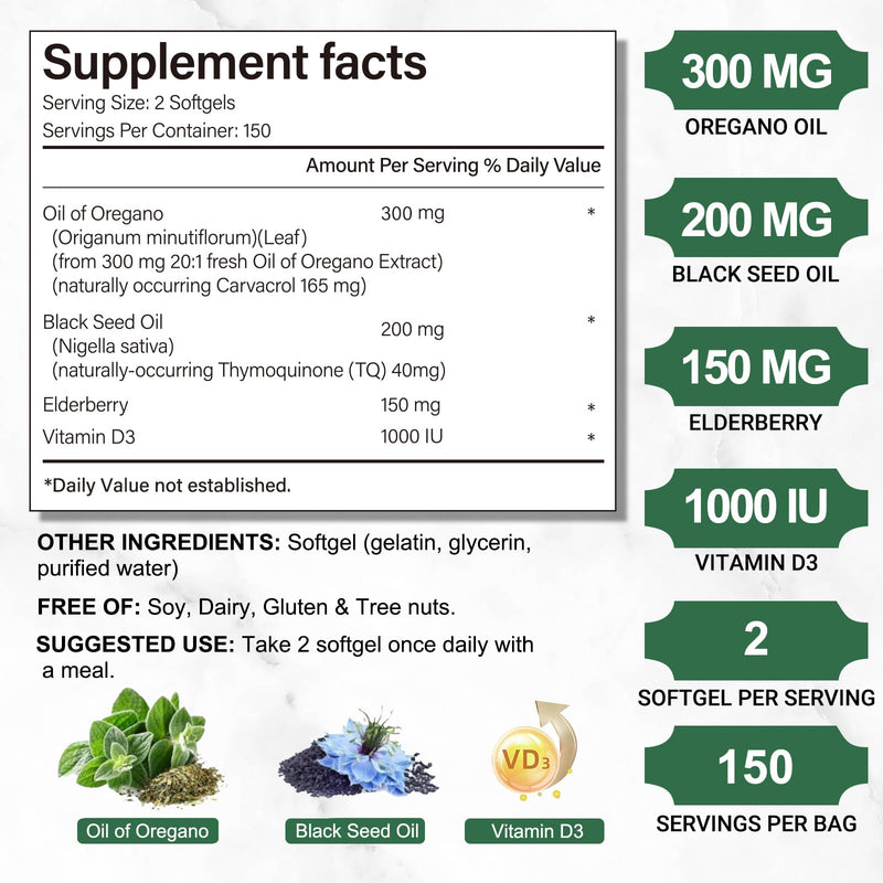 Oil of Oregano, 300 Softgels, 4-in-1 Oil of Oregano with Black Seed Oil, Vitamin D3 & Elderberry, Oregano Oil Capsules Organic, 4X Strength Carvacrol & Thymoquinone, Non-GMO & Immune Support 300 Count (Pack of 1) - BeesActive Australia