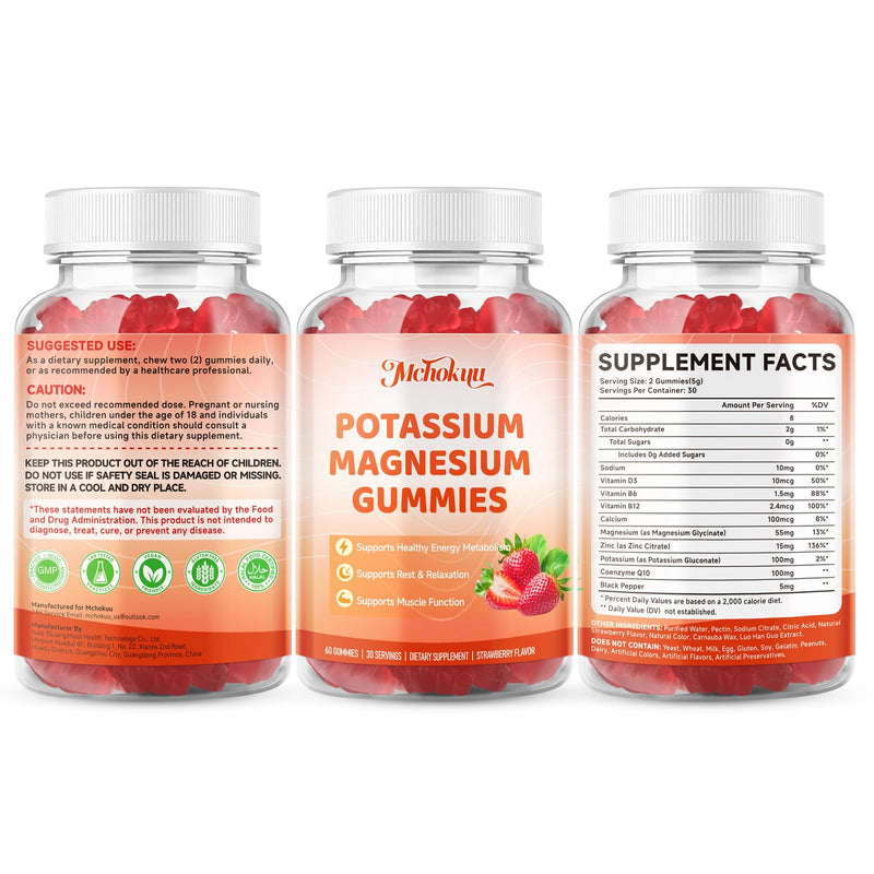 Potassium Magnesium Gummies – High Absorption Magnesium Glycinate – Magnesium Potassium Supplement Gummies with Vitamin B6, D3, B12 for Muscle Support, Sugar-Free Strawberry Flavor, 60 Count 60 Count (Pack of 1)