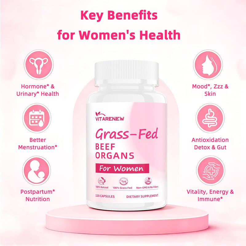 Beef Organ Supplement for Women - Grass-Fed Beef Liver, Uterus, Kidney, Heart & Pancreas with 5 Vitamins & 2 Herbs - Supports Hormone Balance, Energy & Immune - Pasture Raised - 120 Capsules