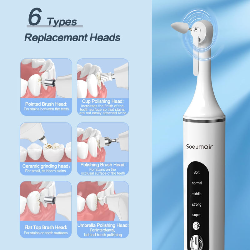 Tooth Polisher,Rechargeable Tooth Whitening Kit for Teeth Cleaning and Whitening, with 8 Brush Heads, LED Light, 5 Speed Modes Dental Polisher Personal Dental Care Kit for Home Use and Travel White