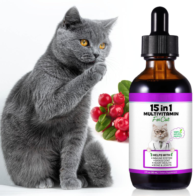 Cat Multivitamins and Supplements, 15 in 1 Cat Vitamins with Glucosamine and Cranberry, Supports Immune Health, Promotes Joint, Skin and Coat Health, Cat Supplement - 60ml (2 fl oz)