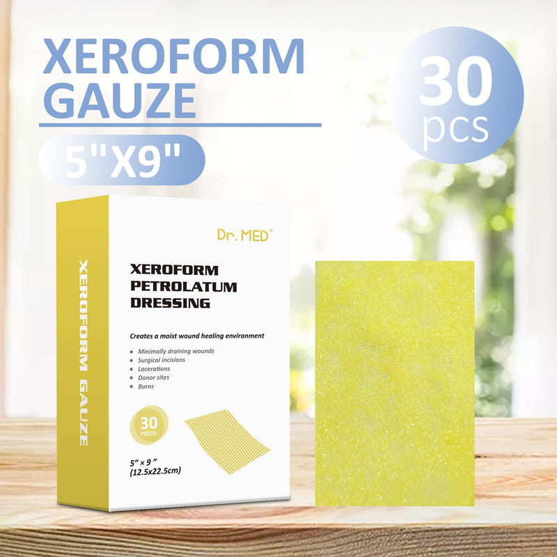 Dr.Med Xeroform Petrolatum Dressing Patch, 5"x9"-30 Pcs/Box, Non-Adherent Gauze Dressings, for Minor or Partial Thickness Burns, Lacerations, Skin Graft Recipient Sites, Newly Sutured Wounds 5"x9" (30 Pcs/Box) - BeesActive Australia