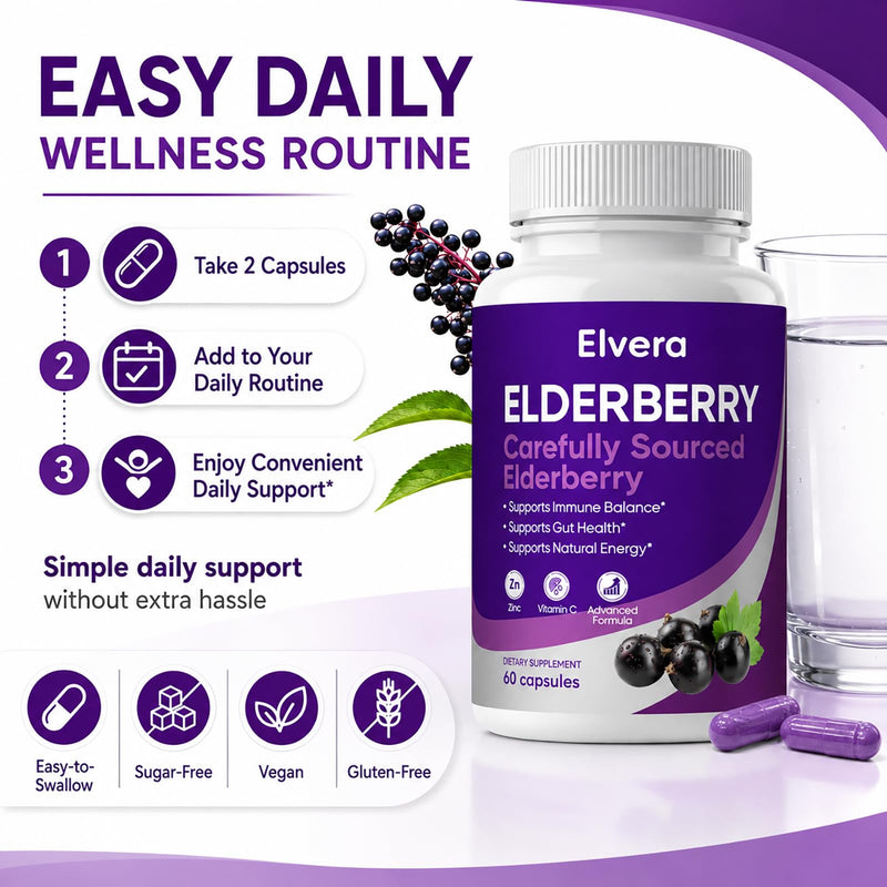 Elvera Elderberry Gut Support, 1200mg Sambucus Elderberry Extract, Advanced Gut Support Complex with Vitamin C & Zinc, Daily Wellness Formula, 60 Capsules