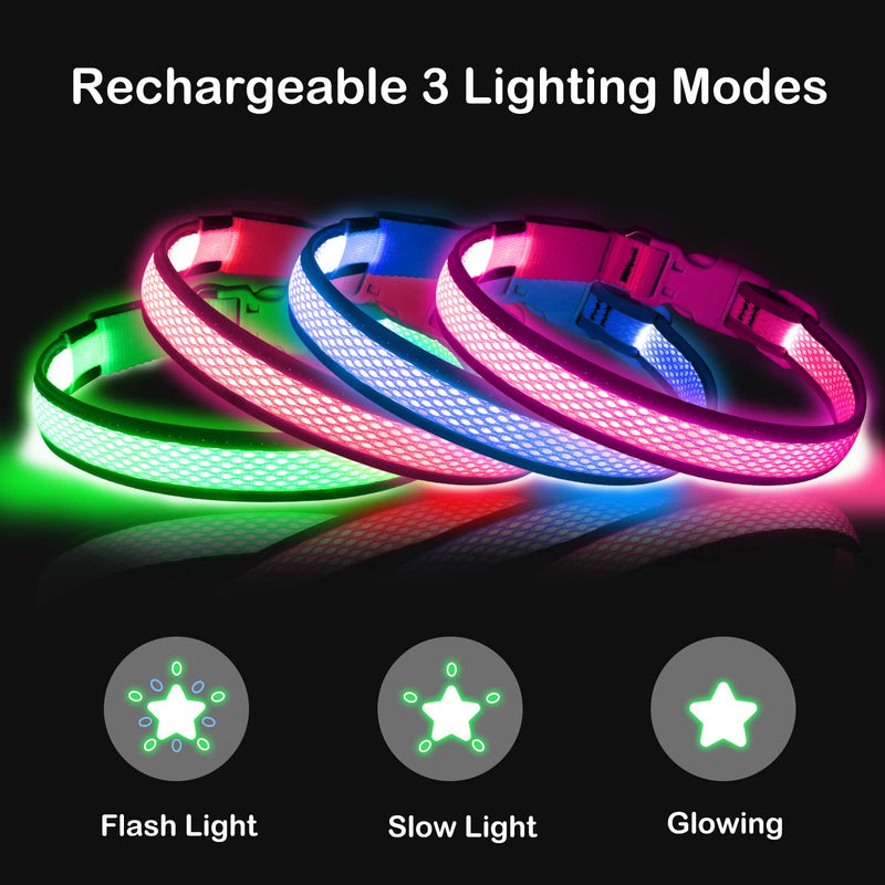 Flashseen LED Dog Collar, USB Rechargeable Light Up Dog Collar Lights, Adjustable Comfortable Soft Mesh Safety Dog Collar for Small, Medium, Large Dogs(Large, Neon Green) - BeesActive Australia