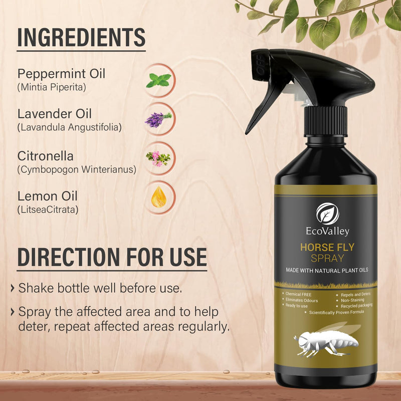 EcoValley Natural Horse Fly Repellent Spray - 500ml - Scientifically Proven Citronella Formula for Home & Stables, Effective Indoor & Outdoor Protection 500 ml (Pack of 1)