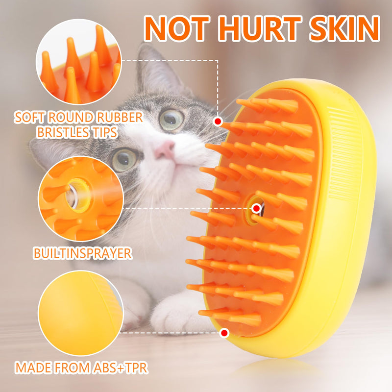 Gauzi 3 in 1 Cat Steam Brush for Shedding Spraing Cleaning and Massaging Dog Pet Hair Brush (Yellow) Yellow - BeesActive Australia