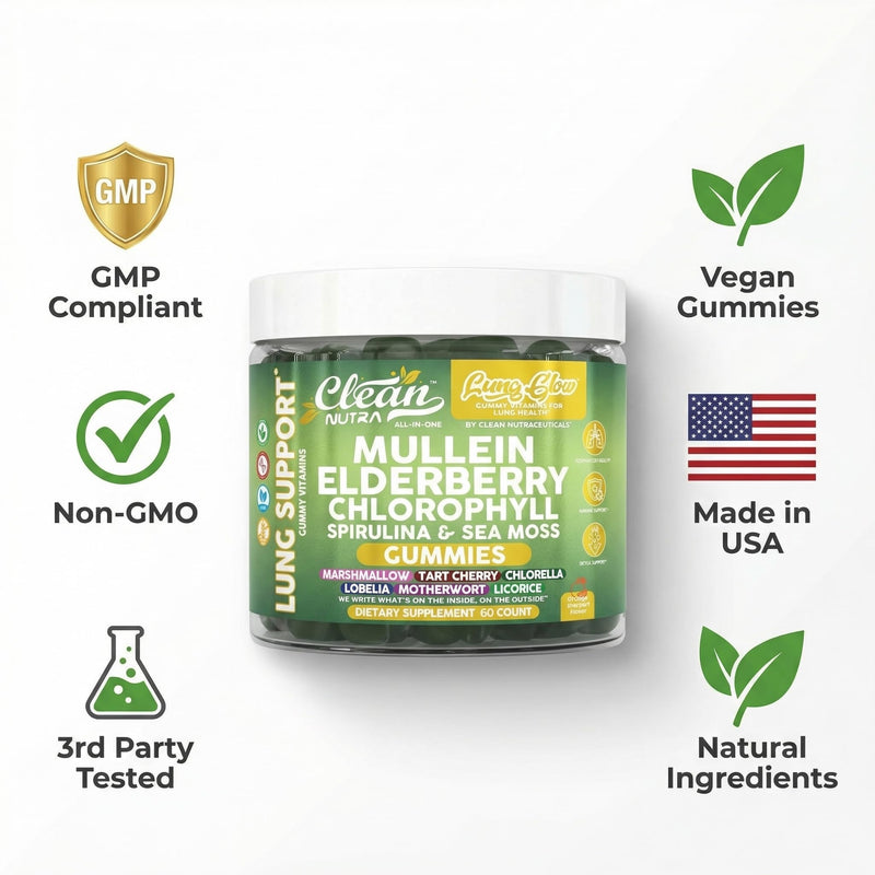 Clean Nutra Mullein Gummies for Lung Health Support with Elderberry Chlorophyll Spirulina Tart Cherry Sea Moss Vitamin C Lutein Marshmallow Root Licorice Root Superfood Greens Mucus Relief 60 Gummies