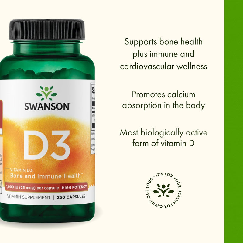 Swanson Vitamin D3 1000 IU - 250 Softgels - Bone Health, Immune Support, and Muscle Function Supplement | Bone Health, Immune Support and Muscle Function Supplement for Strong Bones and Healthy Calcium Absorption 250 Count (Pack of 1)