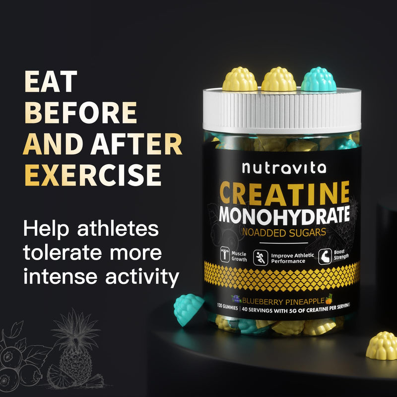 Creatine Monohydrate Gummies for Men & Women-5g of Creatine Monohydrate per Serving - Sugar Free,Vegan,Blueberry Pineapple Flavor, 120 Count Blueberry pineapple 120 Count (Pack of 1) - BeesActive Australia