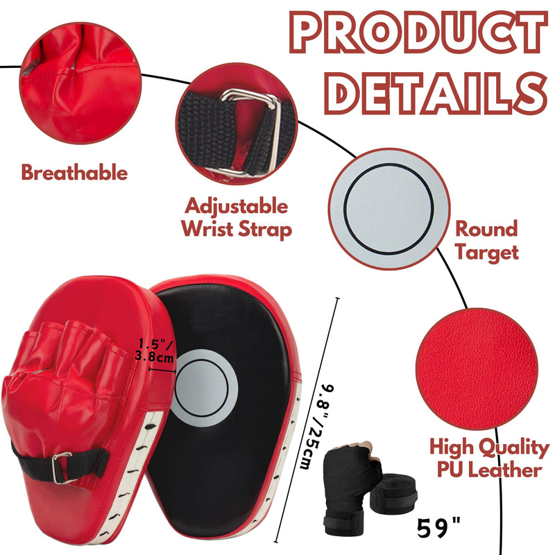 3-in-1 Boxing Gloves and Punching Mitts Set for Kids, Boxing Mitts Focus Pads with Hand Wraps for Kid, Youth Leather Punching Equipment Gloves Set for MMA, Karate, Muay Thai, Taekwondo Red