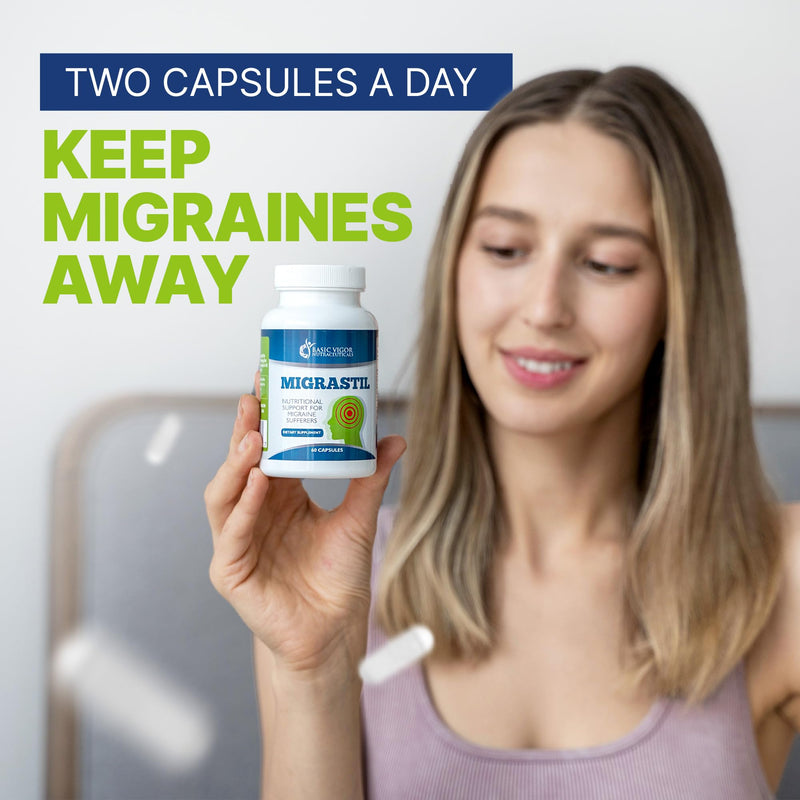 Basic Vigor Migrastil Migraine Support Capsules. Feverfew, Magnesium, Taurine & Vitamin B1 for Migraines Natural Supplement. Made in the USA. Vegan and Gluten Free.