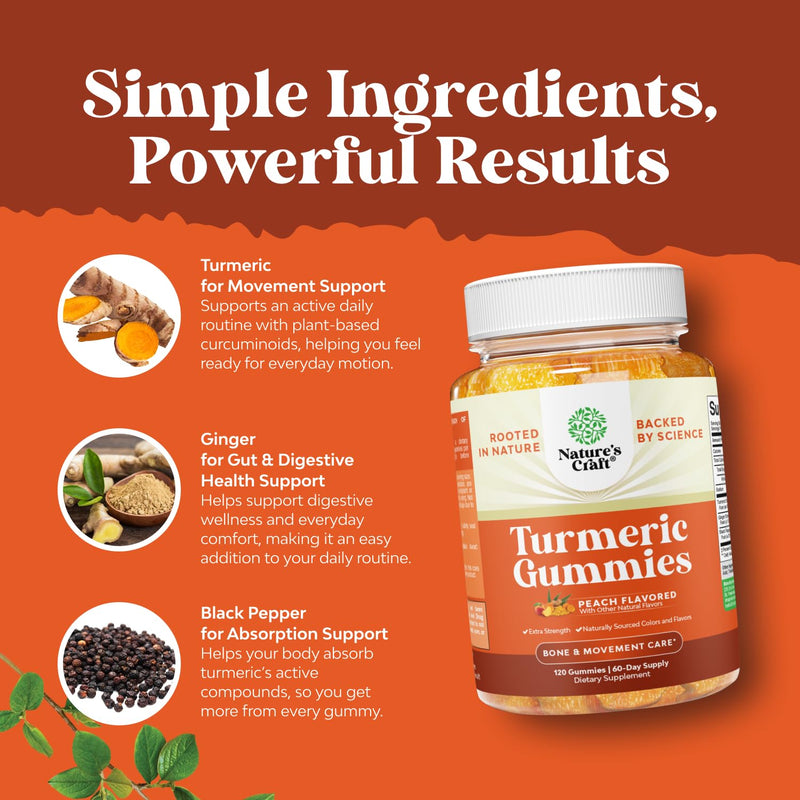 Natures Craft Turmeric Gummies for Adults - Extra Strength Immune Support Gummies with Turmeric Curcumin, Black Pepper Extract and Ginger - Peach Flavor Vitamins for Adults - 120 Count 120 Count (Pack of 1)
