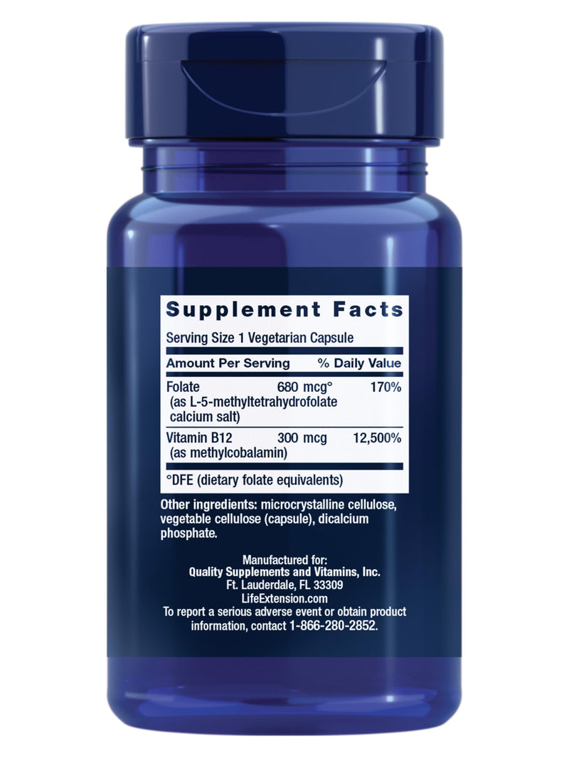 Life Extension BioActive Folate & Vitamin B12,Promotes Heart,Brain & GI Tract Health,Non-GMO,Gluten-Free,Vegetarian,90 Capsules,(Pack of 2) 90 Count (Pack of 2)