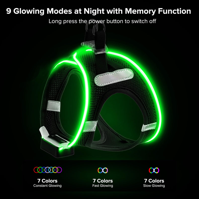 PcEoTllar Luminous Dog Harness, LED Rechargeable Reflective Illuminated Harness for Puppy Small Medium Dogs, Breathable Luminous Harness, Black (9 Modes), S Black (9 Modes) - BeesActive Australia
